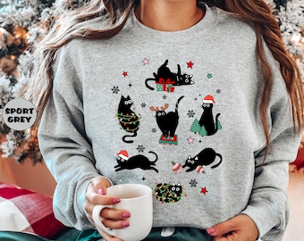 Christmas Black Cat Sweatshirt, Funny Meowy Christmas Hoodie, Christmas 2024 Outfit, Cat Mom Outfit, Holiday Cat Lover Hoodie, Xmas Gifts