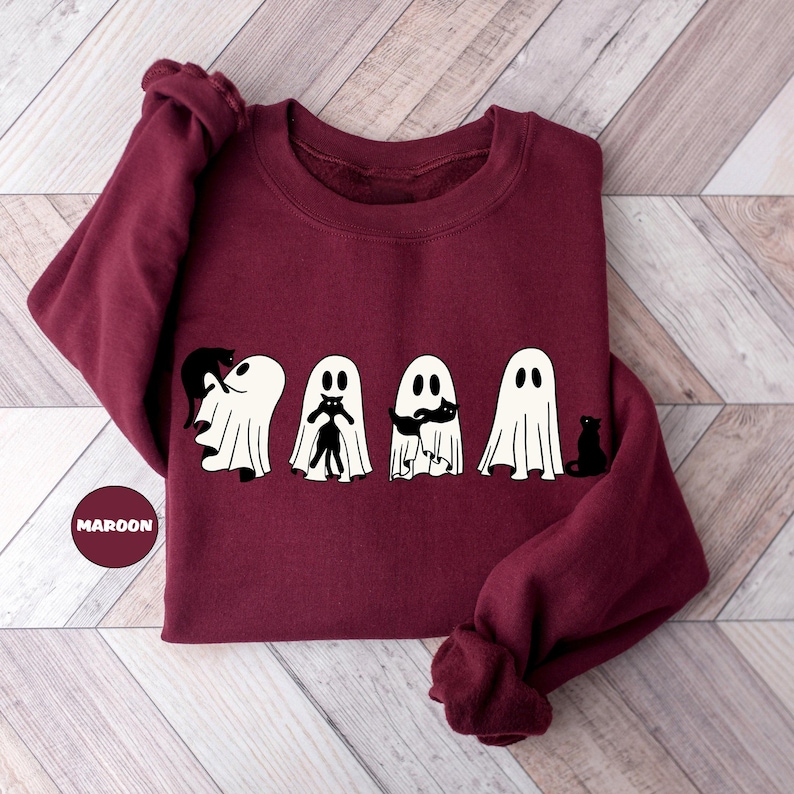 Ghost Black Cats Sweatshirt, Halloween Black Cat Sweatshirt, Spooky Season Tees, Funny Ghost Cat Outfit, Cute Pumpkin Clothing Gifts image 2