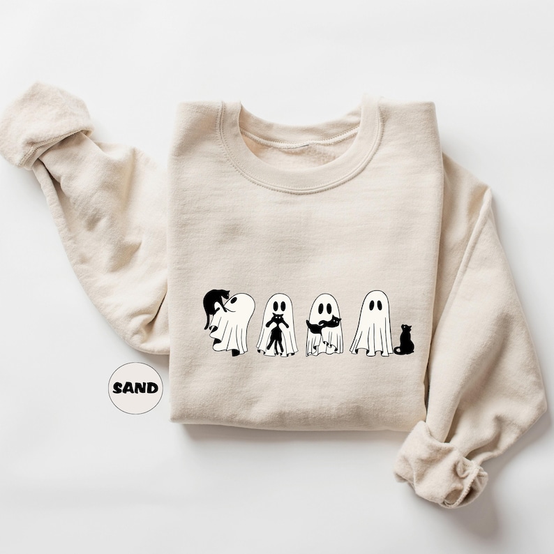 Ghost Black Cats Sweatshirt, Halloween Black Cat Sweatshirt, Spooky Season Tees, Funny Ghost Cat Outfit, Cute Pumpkin Clothing Gifts image 5