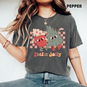 Feelin' Joy Christmas Comfort Colors® Shirt, Retro Christmas Holiday T-shirt, Christmas Tree Family Tee, Christmas Cozy Outfit, Winter Gifts
