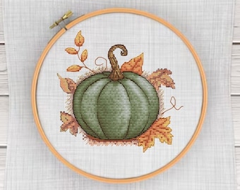 Green Pumpkin cross stitch pattern -  Counted xstitch tutorial - Autumn embroidery design - Needlepoint chart - PDF pattern