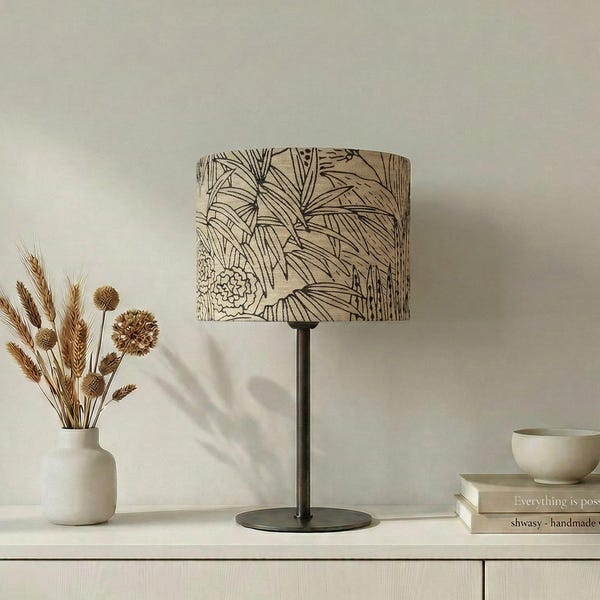 Lampshade “Jungle Line” with graphic tropical design in black on natural fabric