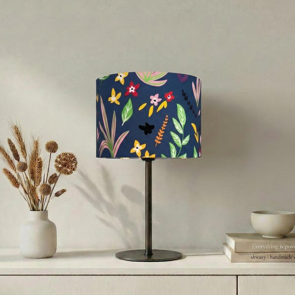 Lampshade “Fruits & Flowers” with colorful leaf and flower pattern on dark blue