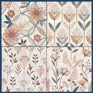 12x12 inch floral digital paper set with muted terracotta, beige, and sage botanical designs.