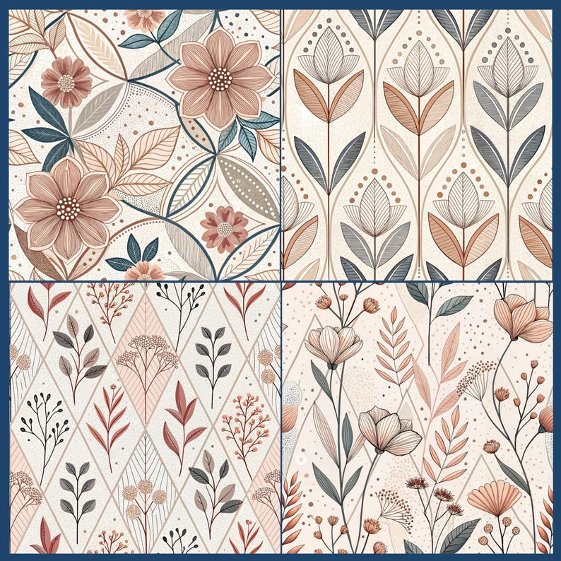 12x12 inch floral digital paper set with muted terracotta, beige, and sage botanical designs.