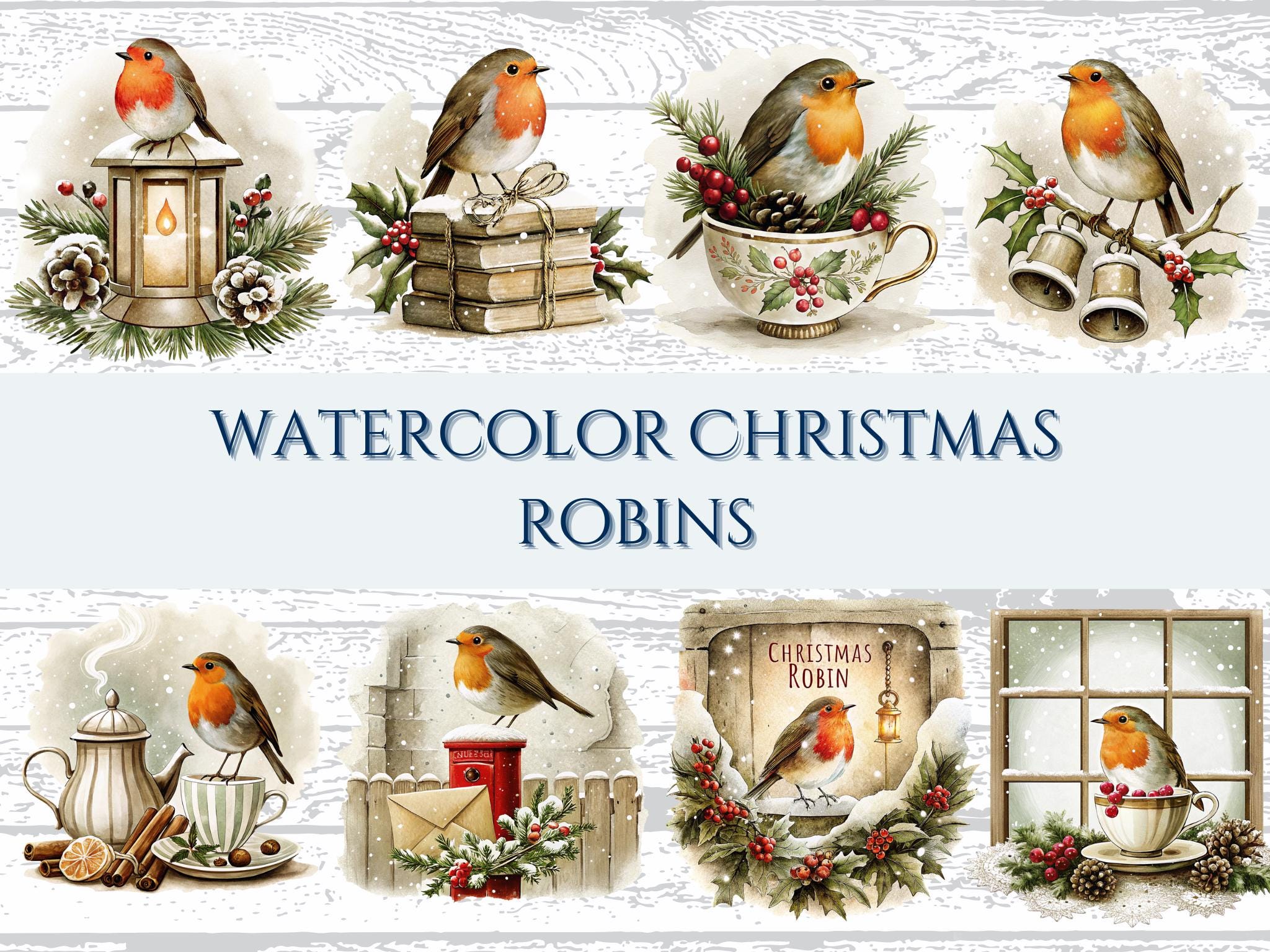 Watercolor Christmas Robin Clipart Set: Holiday PNG Bundle (commercial ...