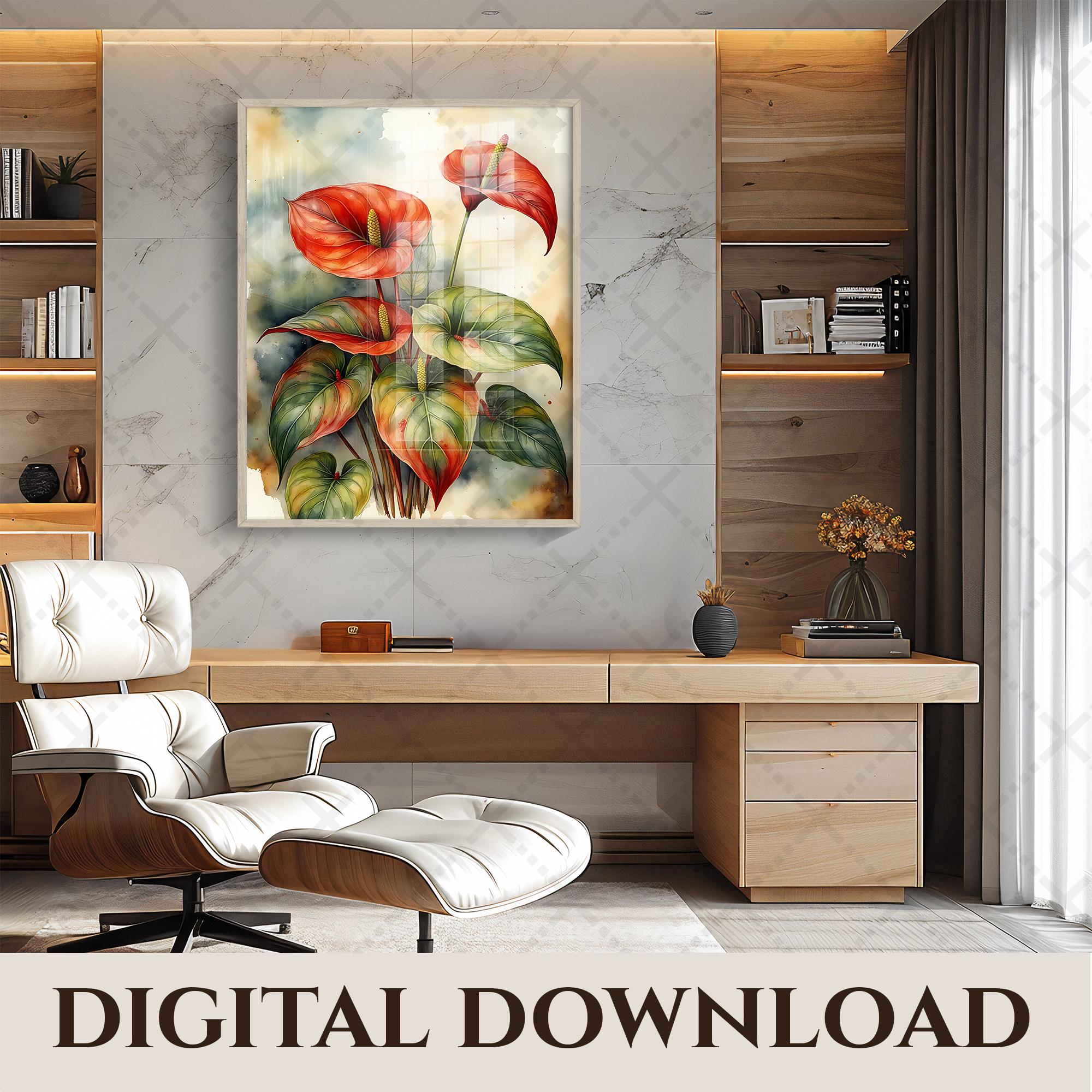 トロピカルアンスリウムの花柄プリント | 鮮やかなウォールアート