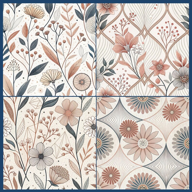 High-resolution boho floral digital paper bundle showcasing vintage-inspired seamless patterns.