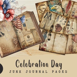 4. Juli Junk Journal Seiten JPG, Patriotische Bi-Fold Ephemera, Vintage Americana Collage, US Geschichte 300 DPI druckbar, kommerzielle Nutzung