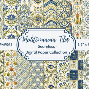 May include: A collection of 20 digital papers featuring seamless Mediterranean tile designs. The patterns include floral, geometric, and architectural motifs in shades of blue, yellow, and green. The collection is 8.5" x 11" at 300 dpi. The text on the image says "Mediterranean Tiles".