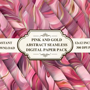 Pink and Gold Abstract Seamless Digital Papers, Marble Fluid Texture, Glam Backgrounds for Crafts, Commercial Use, Instant Download