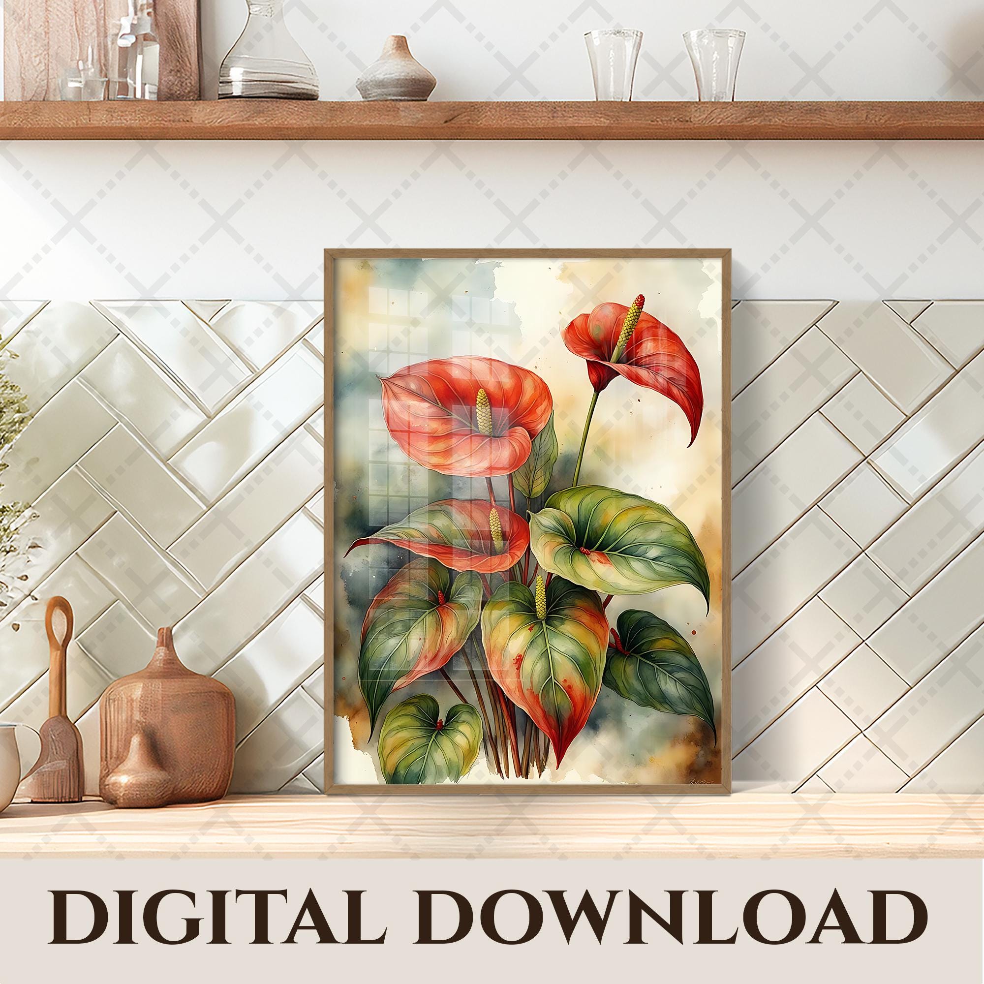 トロピカルアンスリウムの花柄プリント | 鮮やかなウォールアート