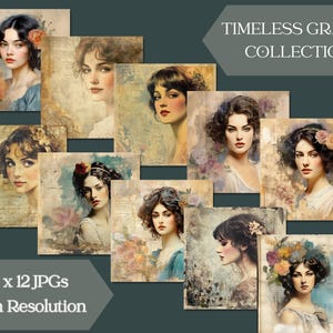 Timeless Grace: una collezione di carta vintage per signore, 20 design scaricabili all'istante, carta per diario spazzatura da 12" x 12" (300 dpi), uso commerciale
