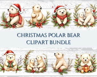 Puede incluir: Un conjunto de ilustraciones digitales con ocho diseños de osos polares con temas navideños, incluyendo osos con gorros de Papá Noel, sosteniendo regalos y rodeados de acebo y ramas de pino. El texto CHRISTMAS POLAR BEAR CLIPART BUNDLE está centrado.