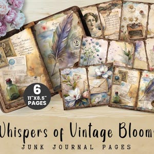 Descarga digital de flores antiguas, elegantes páginas de diario basura con acuarela, flores vintage románticas, uso comercial, descarga instantánea