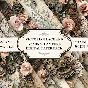 Pakiet papieru Victorian Lace and Gears Steampunk, papiery do scrapbookingu cyfrowego, tła do druku, zabytkowe efemerydy, zastosowanie komercyjne