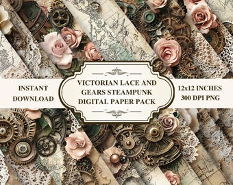 Pakiet papierowy Steampunk: Koronka w stylu wiktoriańskim i koła zębate, tła do druku (do pobrania w wersji cyfrowej)