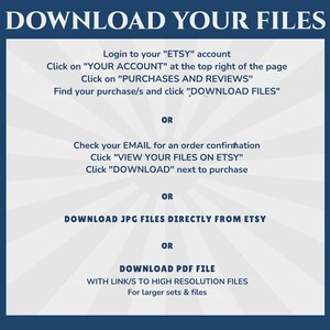 Może przedstawiać: Granatowa grafika z białym tekstem z napisem "DOWNLOAD YOUR FILES". Zawiera instrukcje dotyczące pobierania plik&oacute;w z Etsy, w tym logowania, wyszukiwania zakup&oacute;w i pobierania plik&oacute;w. Dostępne są r&oacute;wnież dodatkowe opcje.