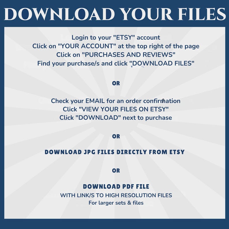 Może przedstawiać: Granatowa grafika z białym tekstem z napisem "DOWNLOAD YOUR FILES". Zawiera instrukcje dotyczące pobierania plik&oacute;w z Etsy, w tym logowania, wyszukiwania zakup&oacute;w i pobierania plik&oacute;w. Dostępne są r&oacute;wnież dodatkowe opcje.