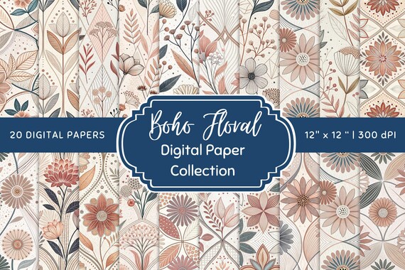Boho Floral Digital Paper Pack: 12x12" Seamless Pattern Bundle, 300 DPI JPG (Digital Download)