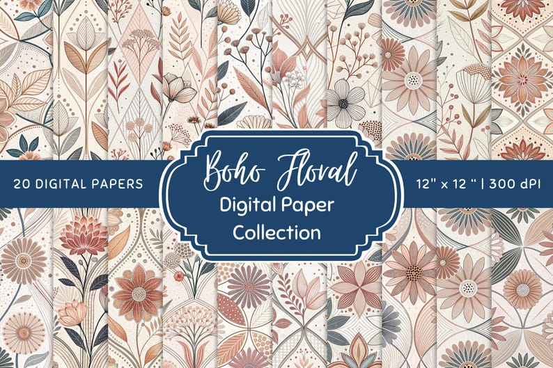 Digital paper pack featuring 20 boho floral seamless patterns in soft neutral tones.