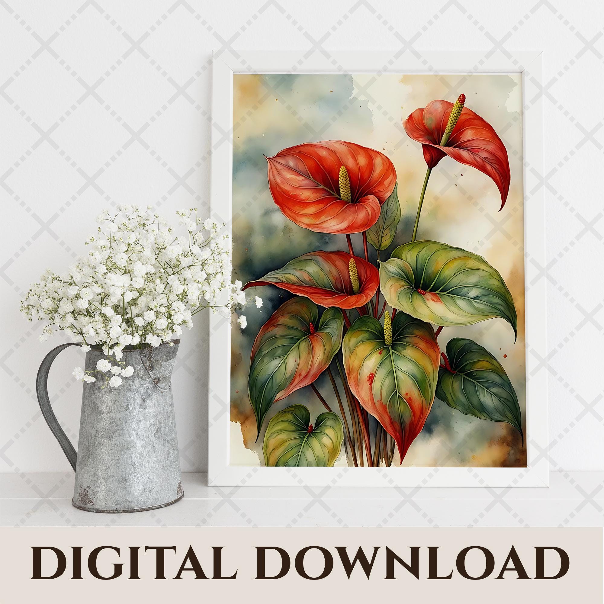 アンスリウム　水彩画　トロピカル トロピカルアンスリウムの花柄プリント | 鮮やかなウォールアート