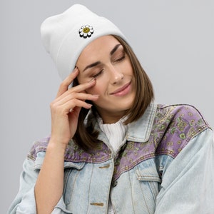 Smiley Face Flower Embroidered Beanie