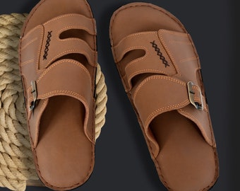 Summer Sandals Men Leather Classic Sandals Soft Slipper Moccasins Outdoor Beach Shoes Men Buckle Slipper