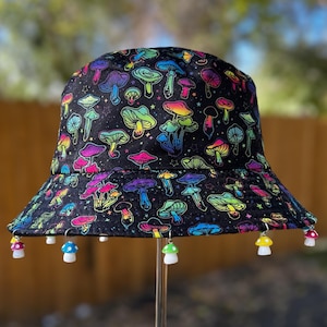 Mushroom Charm Bucket Hat (rave bucket hat, rave accessories, festival hat, rave charm bucket hat, rave outfit, mushroom bucket hat)