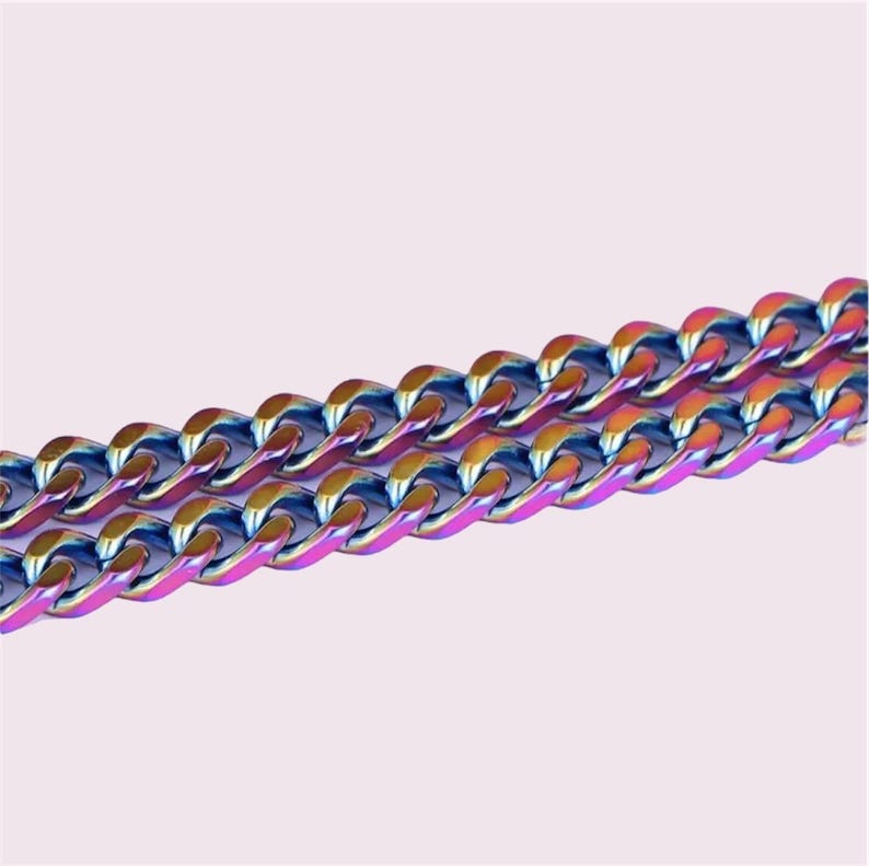 May include: A close-up of a rainbow-colored curb chain necklace. The chain is made of metal and has a shiny finish.