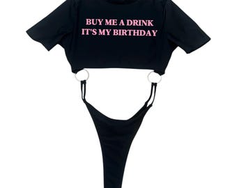 Body "Cómprame una bebida, es mi cumpleaños" (body para fiestas rave, atuendo para fiestas rave, accesorios para fiestas rave, body personalizado para fiestas rave, atuendo personalizado para fiestas rave, música electrónica de baile)