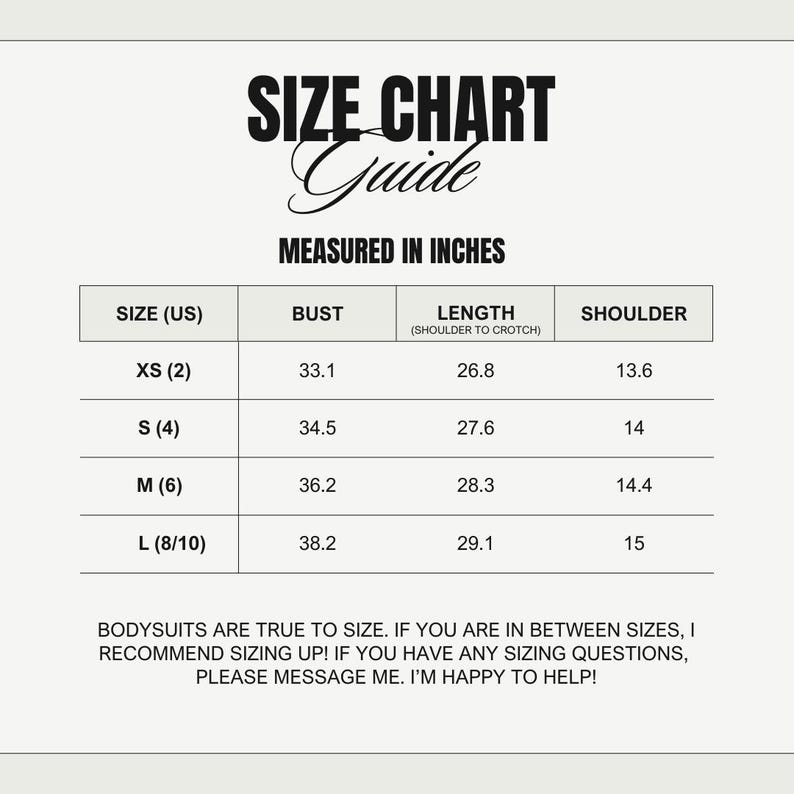 K&ouml;nnte beinhalten: Gr&ouml;&szlig;entabelle f&uuml;r Bodysuits, gemessen in Zoll. Die Tabelle zeigt die Gr&ouml;&szlig;en XS bis L mit den entsprechenden Brust-, L&auml;ngen- (Schulter bis Schritt) und Schulterma&szlig;en.