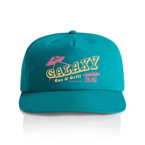 Vintage UFO Galaxy Surf Hat: 90s Style Alien Spaceship Gas Station Recycled Nylon Snapback