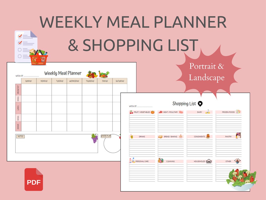 Weekly Meal Planner and Shopping List, Meal Planner, Grocery List