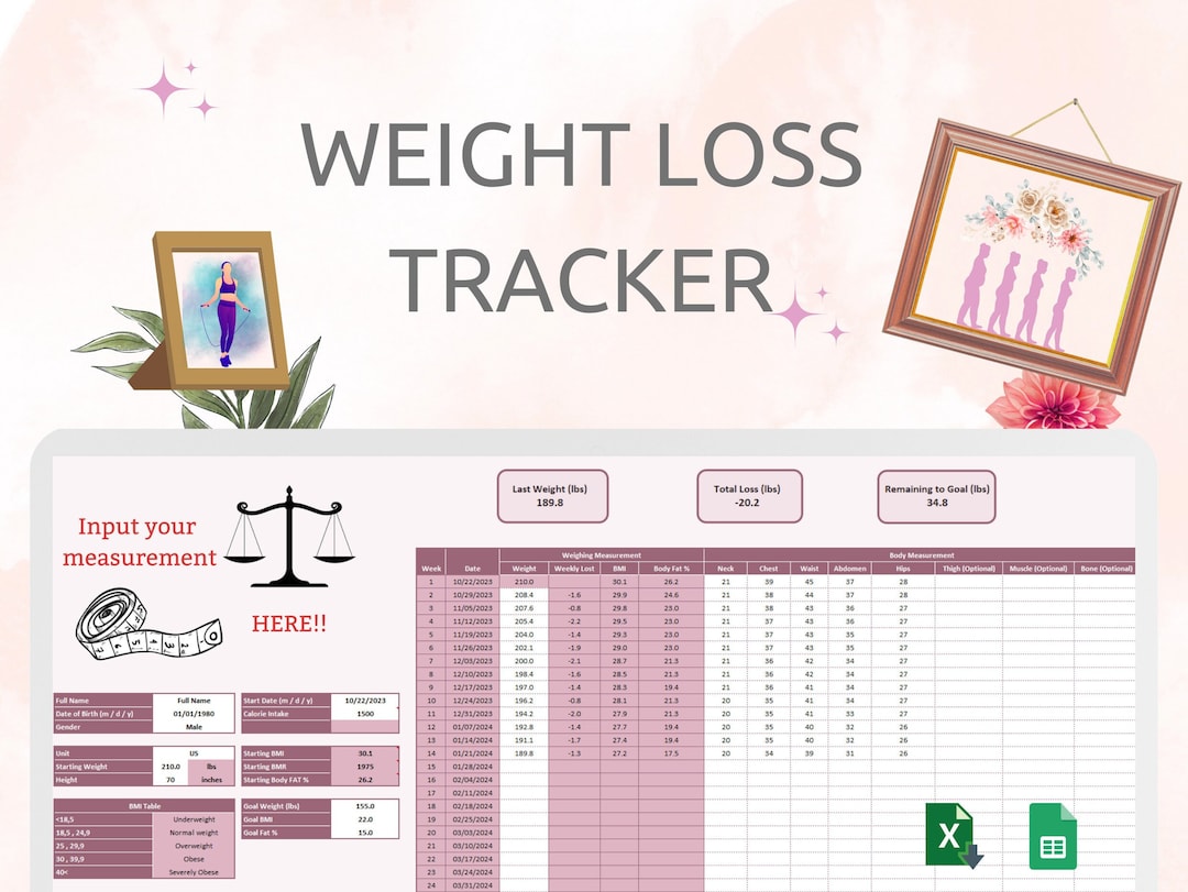 Weight Loss Progress Tracker, Body Measurement, BMI, BMR, Fat