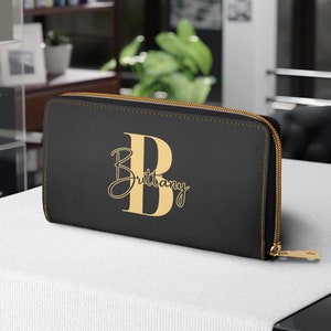 Cartera personalizada con monograma en negro y dorado para mujer, cartera minimalista con nombre e inicial, regalo personalizado para mamá, esposa y hermana