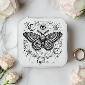 Personalized Whimsigoth Moth Travel Jewelry Case Mini Boho Goth Jewelry Organizer Box Celestial Mysitcal Witchy Gifts Best Friend Mom Sister
