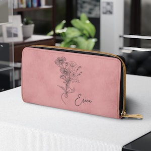 Cartera personalizada con flores del mes de nacimiento para mujer, cartera minimalista con cremallera y diseño de flores del mes de nacimiento, regalos personalizados con flores del mes de nacimiento