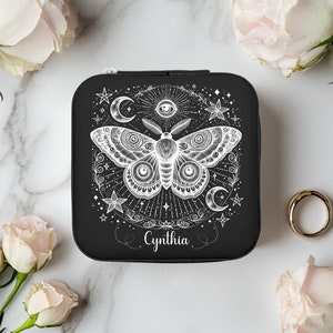 Personalized Whimsigoth Moth Travel Jewelry Case Mini Boho Goth Jewelry Organizer Box Celestial Mystical Witchy Gifts Best Friend Mom Sister