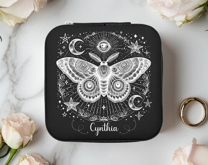 Personalized Whimsigoth Moth Travel Jewelry Case Mini Boho Goth Jewelry Organizer Box Celestial Mystical Witchy Gifts Best Friend Mom Sister