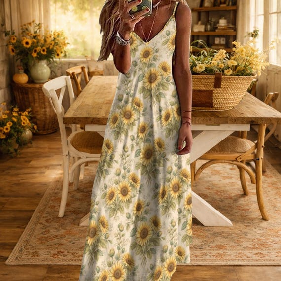 boho garden dress Sunflower Floral Maxi | Cottagecore Summer Dress | Spaghetti Strap Flowy Maxi SOLD | Midnight Blue DM2538 Waist Size:36″ Stick to a gentle