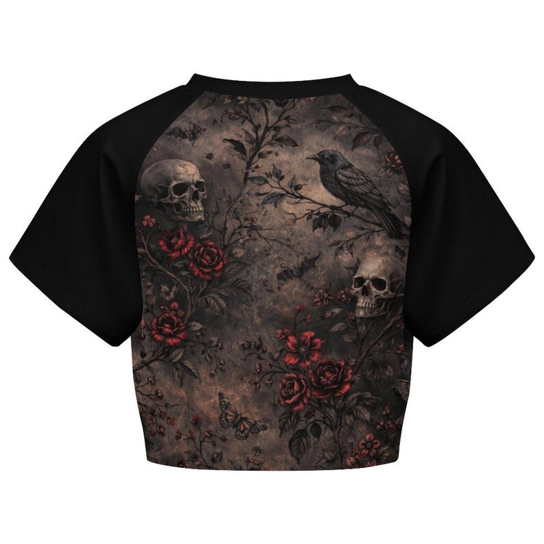 Whimsigoth Raven & Rose Crop Top, Witchy Aesthetic Skull Shirt, Dark Academia Goth Clothes, Witchy Gothic Whimsigoth Clothing for Women image 4