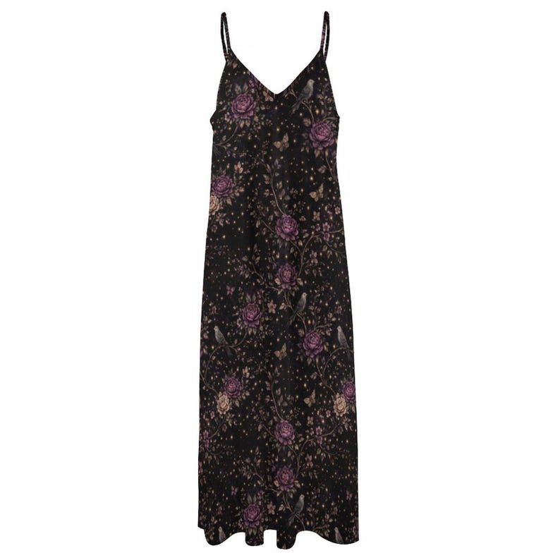 May include: A black maxi dress with spaghetti straps and a V-neck. The dress is patterned with purple roses, birds, and butterflies. The fabric looks lightweight, ideal for summer wear. The dress is long.