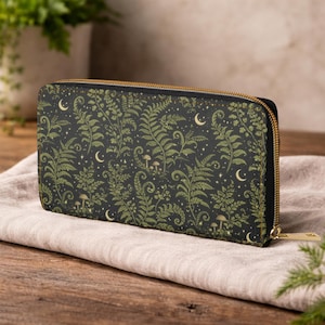 Dark Cottagecore Forest Fern & Moon Wallet for Women, Botanical Zipper Clutch Wallet, Witchy Dark Floral Zipper Wallet, Witchy Gifts for Her