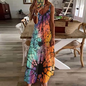 Colorful Boho Maxi Dress, Vibrant Tie Dye Flowy Summer Dress, Spaghetti Strap Maxi, Psychedelic Rave & Festival Outfit for Women