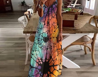 Colorful Boho Maxi Dress, Vibrant Tie Dye Flowy Summer Dress, Spaghetti Strap Maxi, Psychedelic Rave & Festival Outfit for Women
