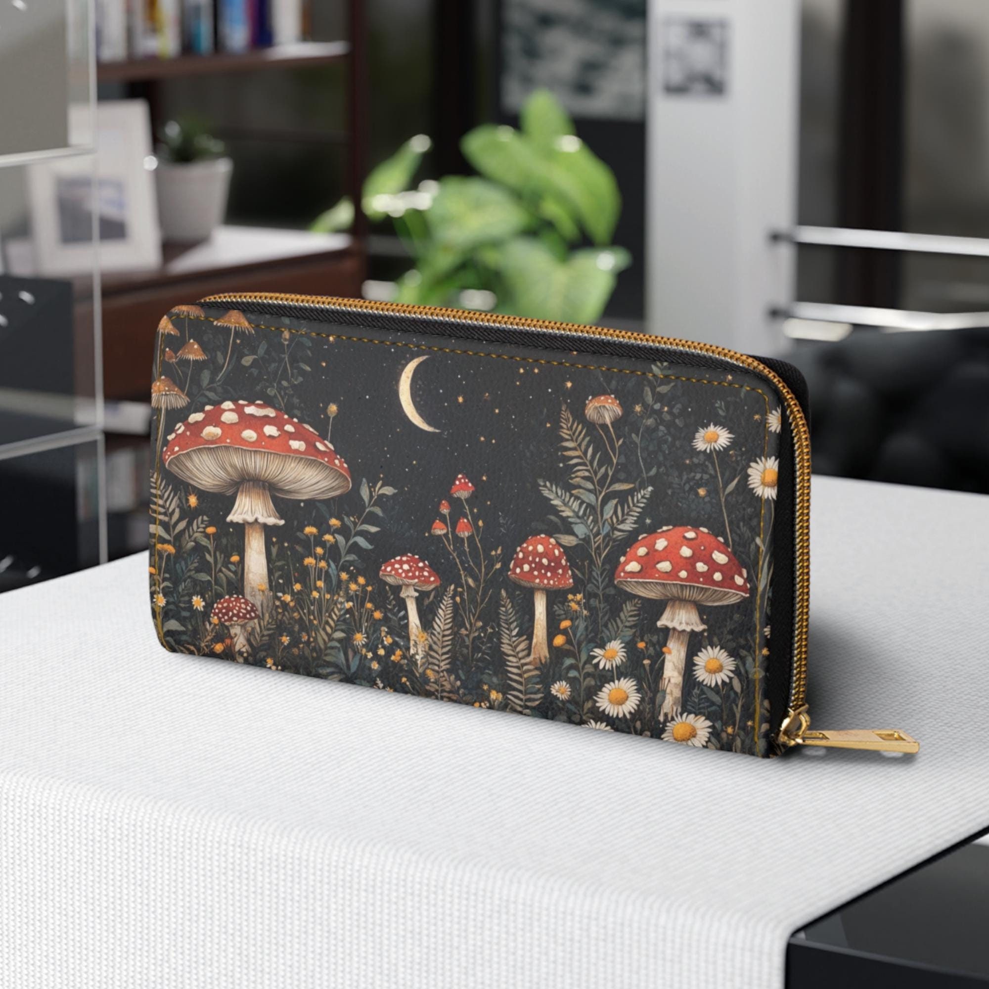 Dark Cottagecore Mushroom Wallet for Women, Witchy Whimsigoth Aesthetic Clutch Wallet w Zipper & Coin Pouch, Dark Academia Witchy Gifts
