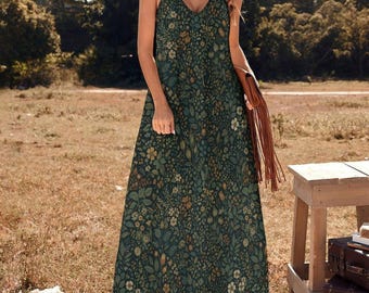 Dark Green Floral Maxi Dress | Cottagecore Boho Summer Dress | Spaghetti Strap Flowy Maxi | Romantic Vacation Outfit