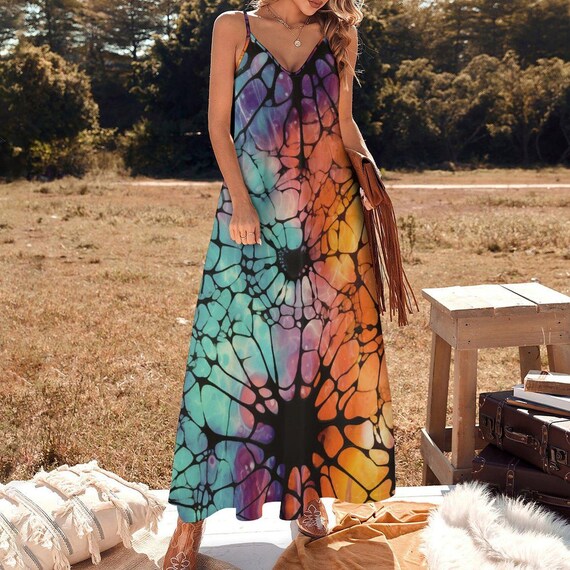 flowy colorful maxi dresses Boho Dress, Vibrant Tie Dye Summer Dress, Spaghetti Strap Maxi, Psychedelic Rave & Festival Outfit for Women pastel rainbow prom dress