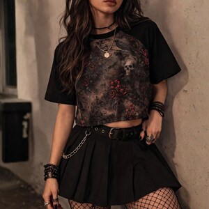 Whimsigoth Raven & Rose Crop Top, Witchy Aesthetic Skull Shirt, Dark Academia Goth Clothes, Witchy Gothic Whimsigoth Clothing for Women image 1